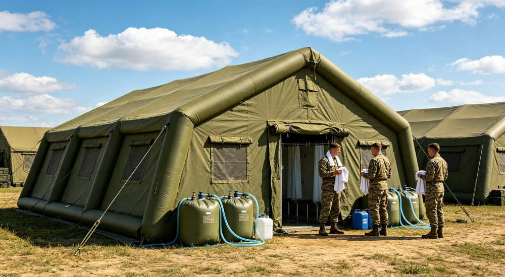 Exterior view of 50sqm digital camouflage military inflatable command tent with forward operating base complex showing multiple connected tents including command, communication and living facilities