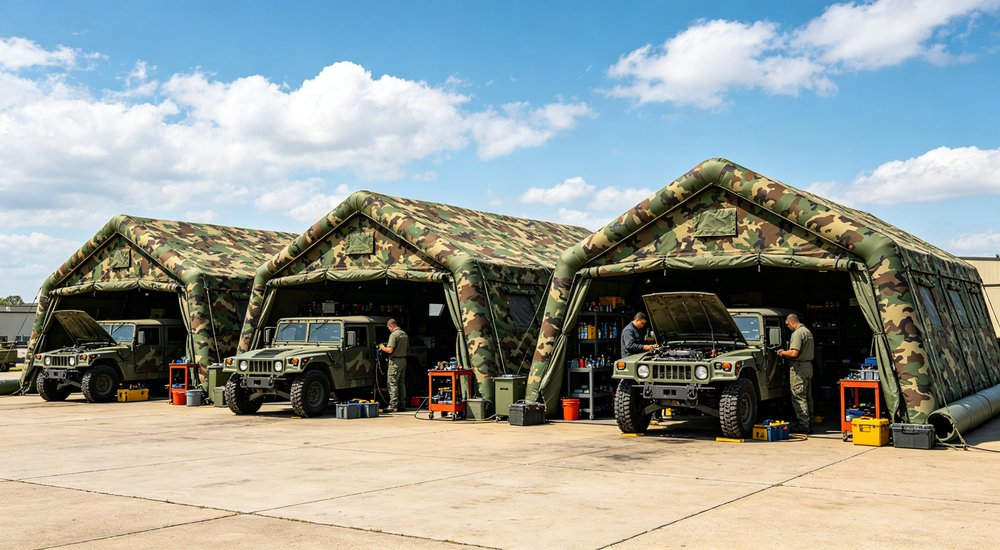 Front view of 50sqm olive green military inflatable command tent with military medical team configuring interior as field hospital station with beds and medical equipment for emergency care