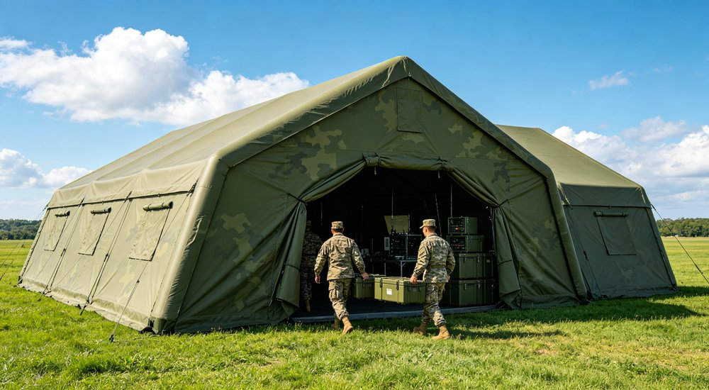 Side view of 50sqm military inflatable command tent with military CBRN decontamination team setting up three-stage decontamination corridor with integrated shower system for chemical defense operations