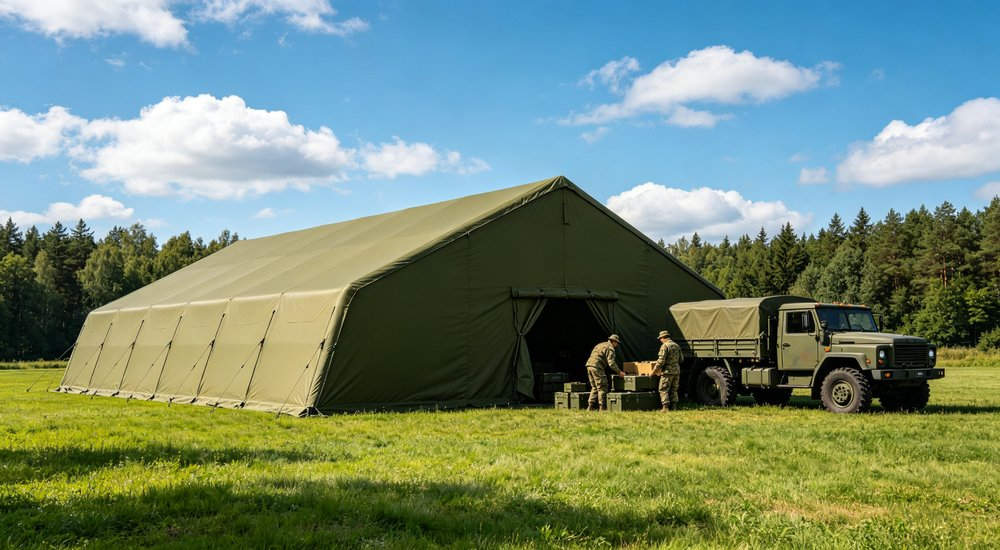 Interior view of 50sqm military inflatable command tent with military communication specialists operating radio equipment, satellite terminals and data network systems in dedicated communication room