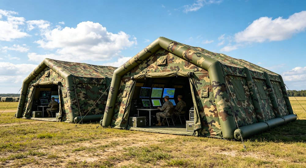 Exterior view of 50sqm olive green military inflatable command tent with complete forward operating base package showing command tent, operations center, communication facility and living quarters connected by passages