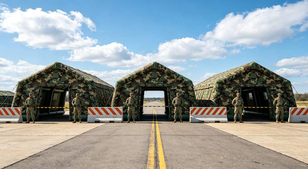 Front view of 50sqm digital camouflage military inflatable command tent with military officers conducting mission planning session around large tactical map with markers and operational overlays