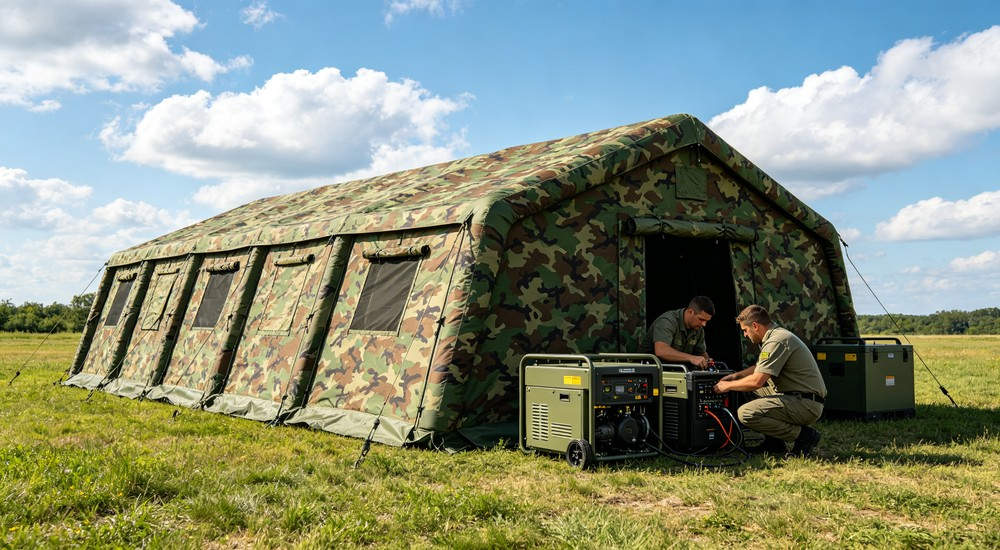 Side view of 50sqm olive green military inflatable command tent with military logistics team organizing equipment storage area inside tent showing supply boxes, gear and field rations