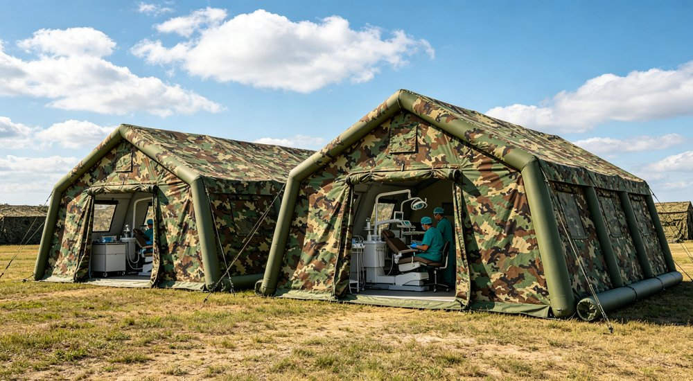 Exterior view of 50sqm military inflatable command tent in arctic winter configuration with snow on ground showing tent maintaining structural integrity in cold weather deployment environment