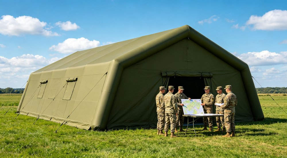 Interior view of 50sqm military inflatable command tent with military chaplain or morale officer conducting briefing session for personnel in rest and relaxation area configuration