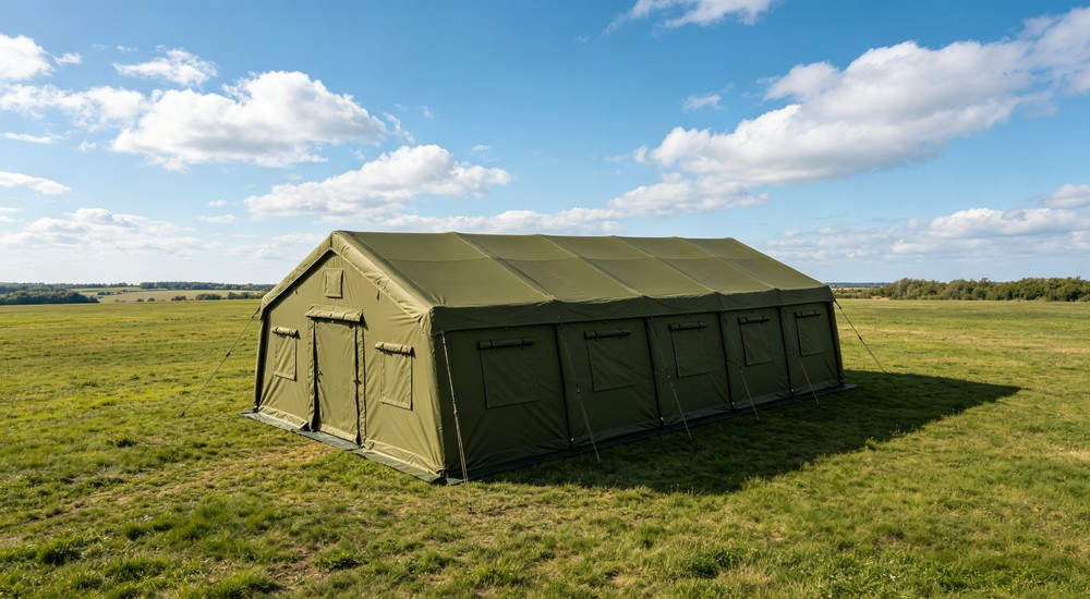 Front view of 50sqm olive green military inflatable command tent with military police or security team establishing entry control point and visitor check-in station at tent entrance
