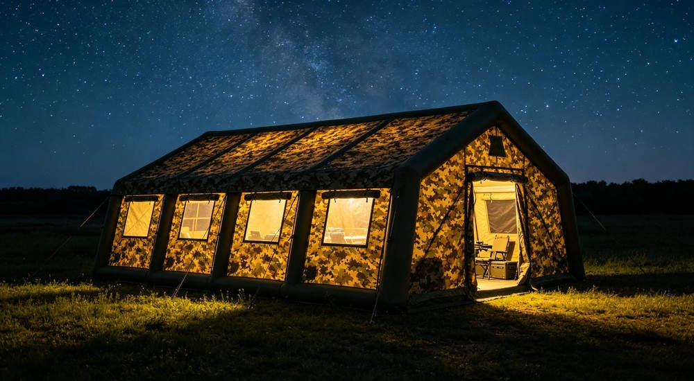 Side view of 50sqm digital camouflage military inflatable command tent with military engineering team assessing terrain and preparing site for tent installation including ground leveling and anchoring points