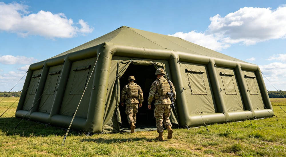 Exterior view of 50sqm olive green military inflatable command tent with military officers reviewing deployment checklist and equipment inventory before field operation commencement