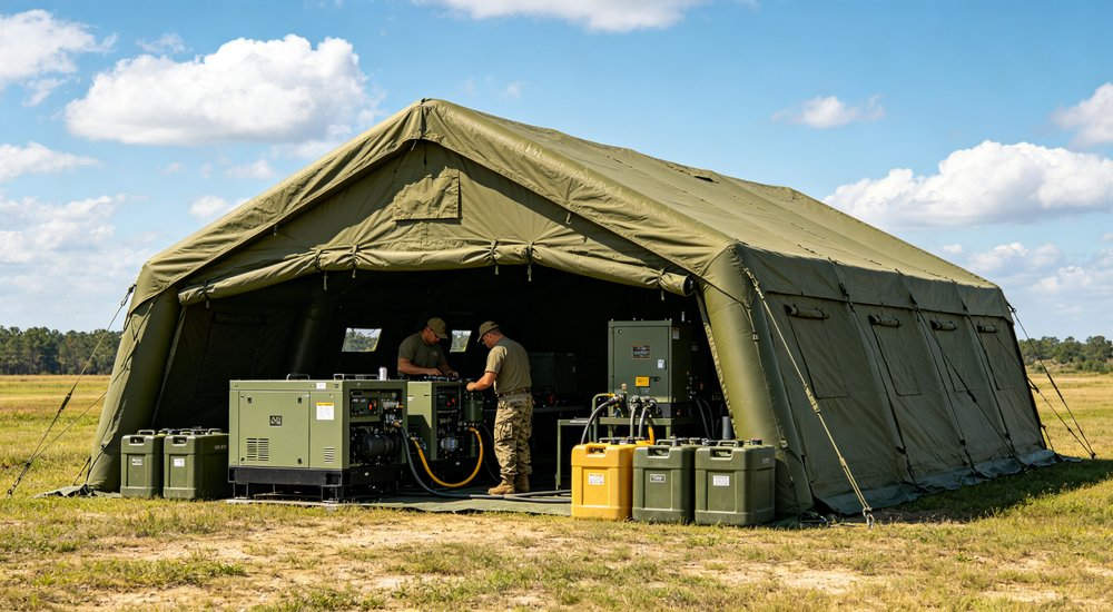 Interior view of 50sqm military inflatable command tent showing secure planning room with classified materials, secure communication lines and restricted access partition for command staff