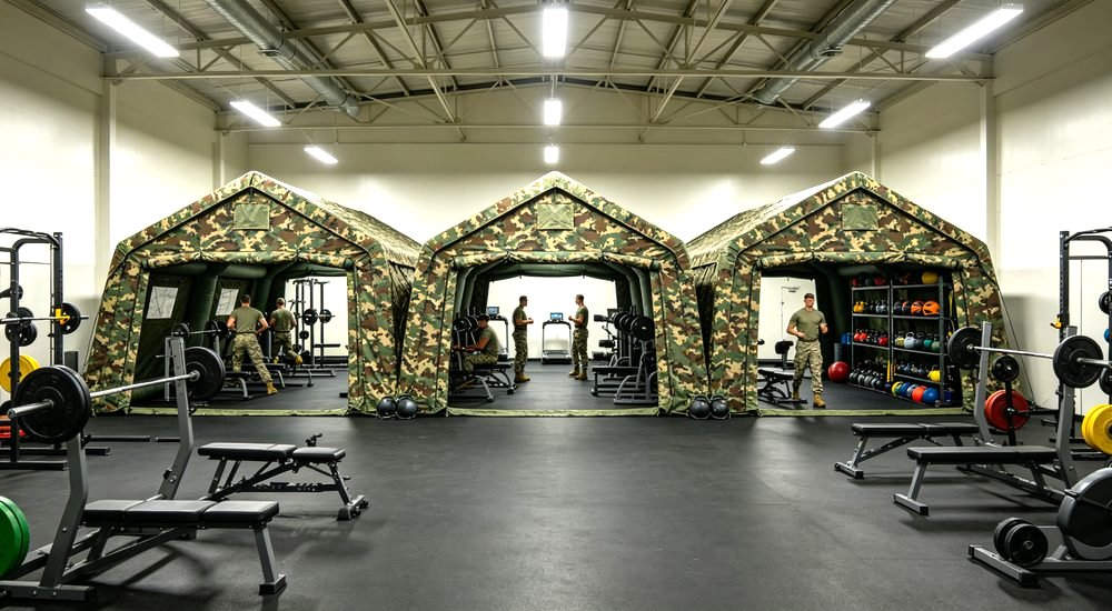 Front view of a 50sqm olive green military inflatable command tent with military police or security team establishing entry control point and visitor check-in station at tent entrance on grass field under blue sky