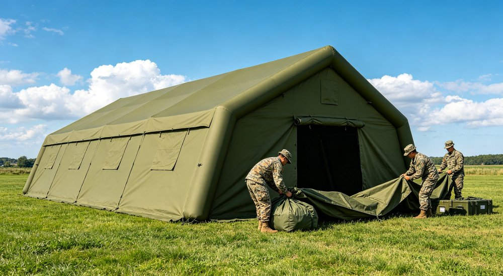 Side view of a 50sqm digital camouflage military inflatable command tent with military engineering team assessing terrain and preparing site for tent installation including ground leveling and anchoring points on grass field