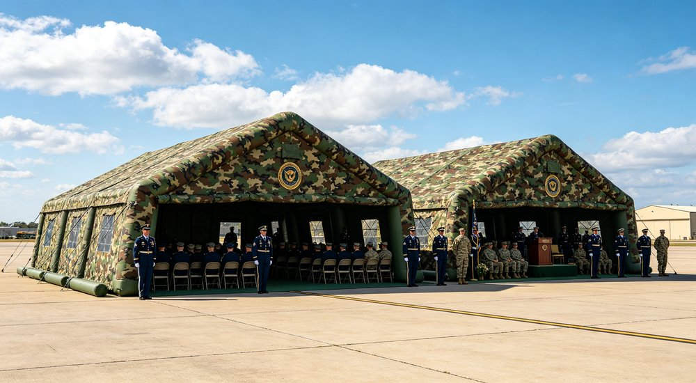 Exterior view of a 50sqm olive green military inflatable command tent with military officers reviewing deployment checklist and equipment inventory before field operation commencement on grass field under blue sky with white clouds