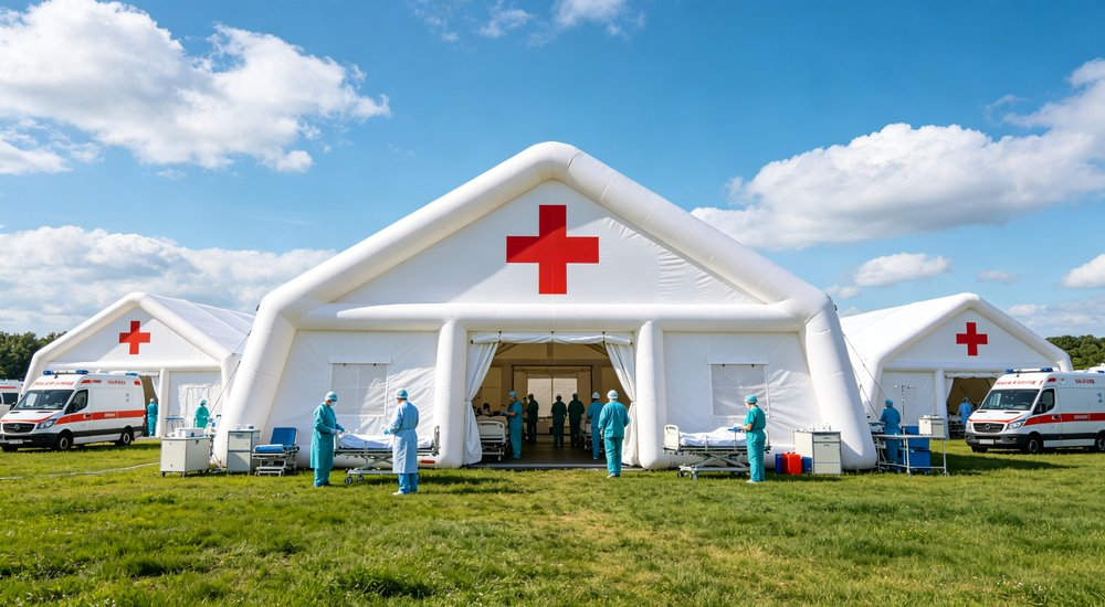 field hospital medical inflatable tent complex with red cross markings, medical staff and ambulances deployed on grass site
