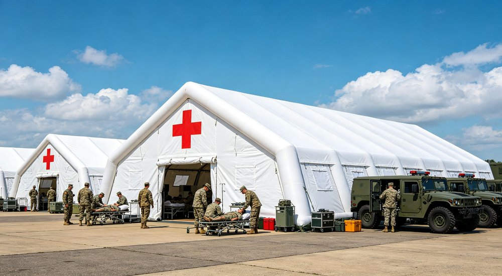 field hospital medical inflatable tent marked with red cross, military personnel and emergency vehicles on paved site