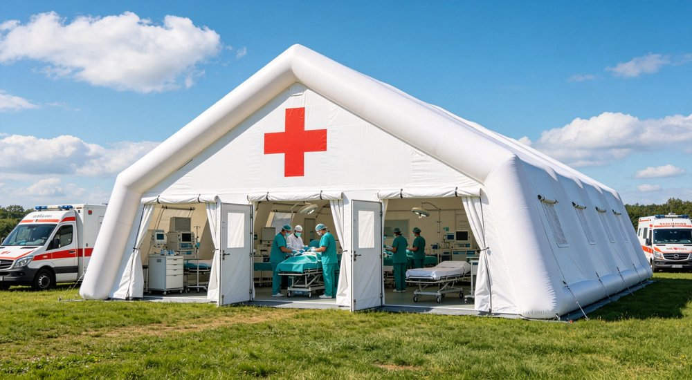hospital medical inflatable tent with prominent red cross, medical staff and complete treatment equipment inside on open grass field