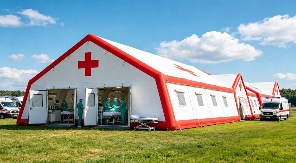 hospital medical inflatable tent cluster with red cross marking, medical staff and patient stretchers ready for emergency medical operations