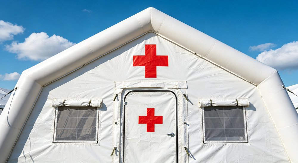hospital medical inflatable tent front facade printed with clear red cross symbols on door and upper panel