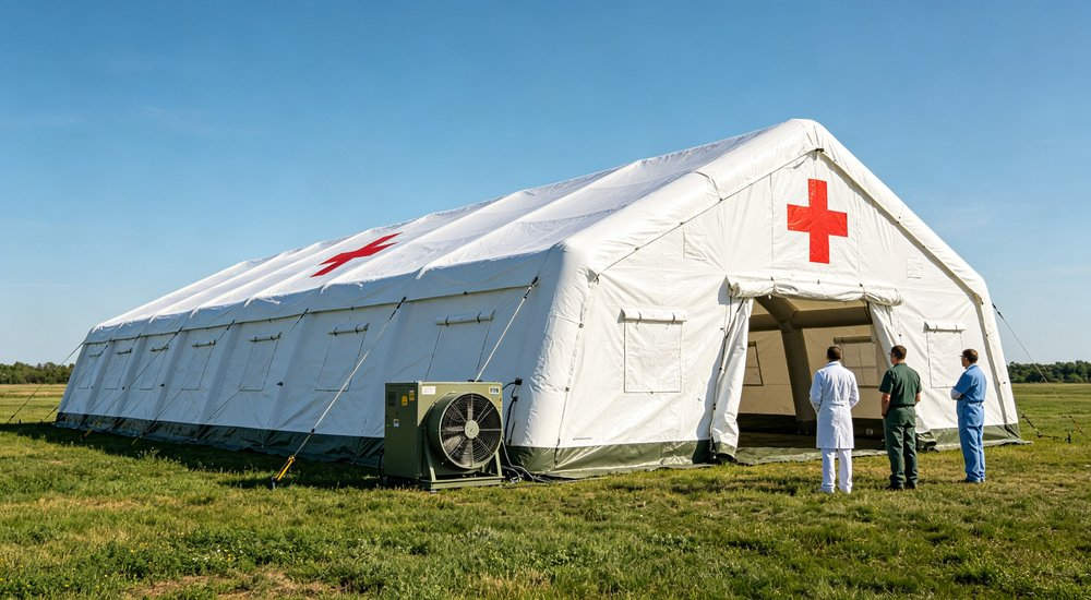 large white hospital medical inflatable tent printed with red cross signs, medical personnel standing beside entrance with supporting ventilation equipment large white hospital medical inflatable tent printed with red cross signs, medical personnel standing beside entrance with supporting ventilation equipment