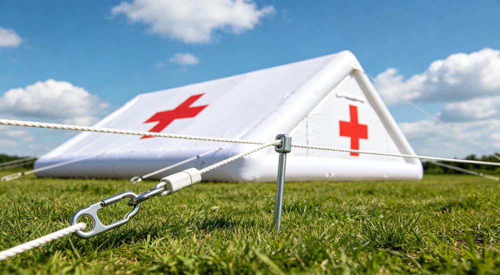 hospital medical inflatable tent printed with red cross symbols, focusing on sturdy ground anchor, metal stake and securing rope fastening system