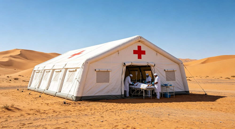 hospital medical inflatable tent marked with red cross emblems, medical practitioners delivering emergency care for patients at the tent entrance with medical supply tables nearby hospital medical inflatable tent marked with red cross emblems, medical practitioners delivering emergency care for patients at the tent entrance with medical supply tables nearby