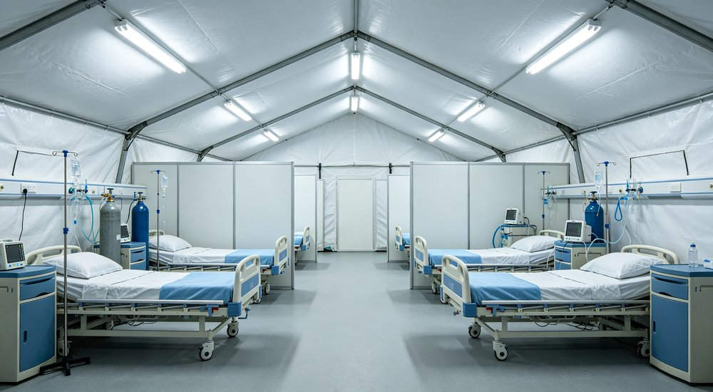 hospital medical inflatable tent interior equipped with multiple hospital beds, patient monitoring devices, oxygen cylinders and partition panels for patient care