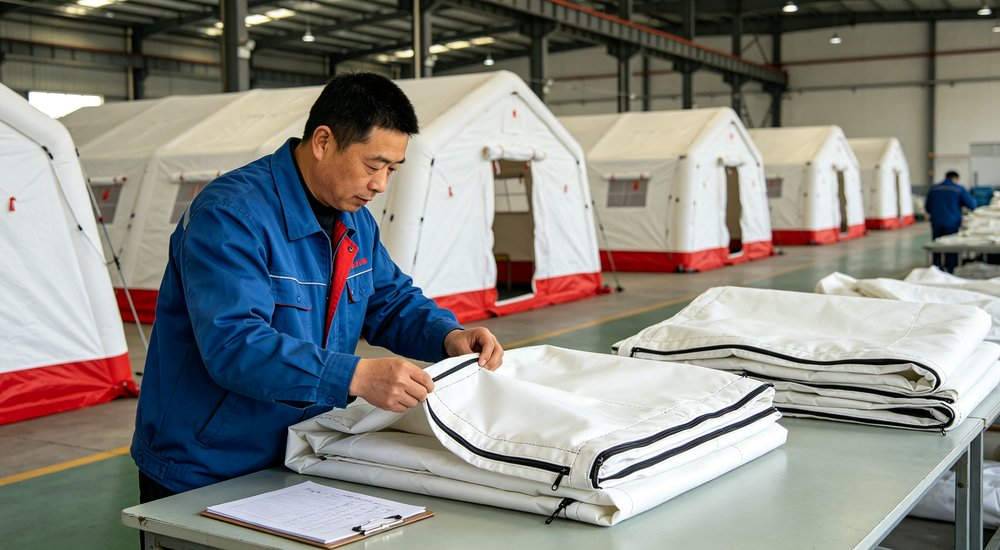 hospital medical inflatable tent fabric undergoing quality inspection by factory technician, finished folded tent materials and fully assembled tent units lined up inside workshop hospital medical inflatable tent fabric undergoing quality inspection by factory technician, finished folded tent materials and fully assembled tent units lined up inside workshop
