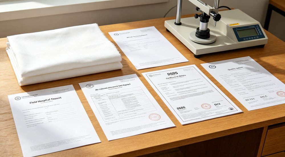 hospital medical inflatable tent fabric sample laid alongside test certificates and professional testing instrument for material performance verification and quality audit hospital medical inflatable tent fabric sample laid alongside test certificates and professional testing instrument for material performance verification and quality audit
