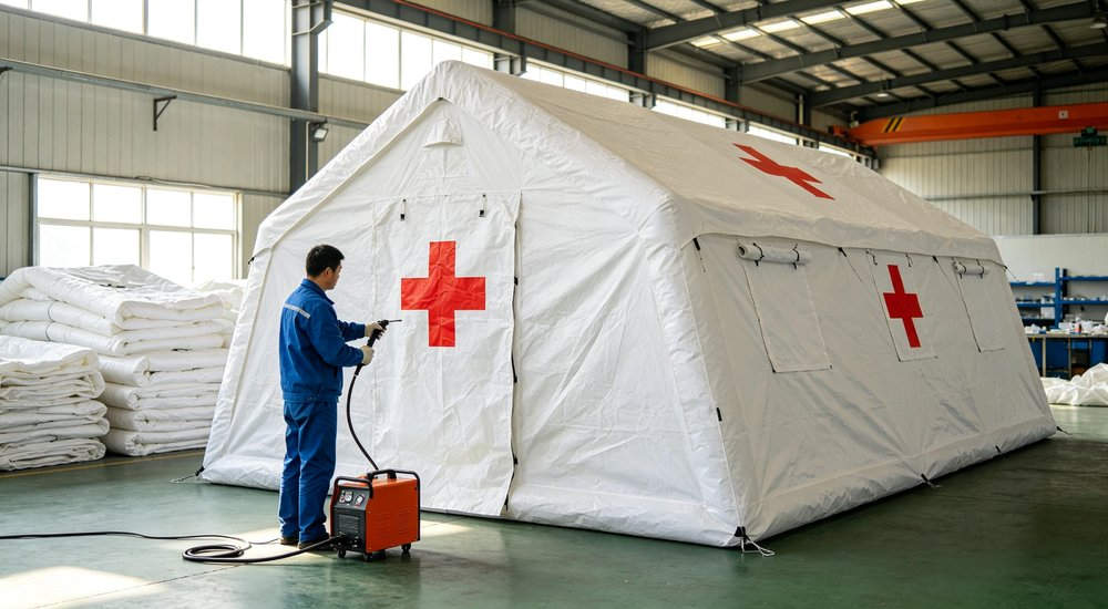 hospital medical inflatable tent with red cross signs, factory worker inflating the tent with air pump to carry out air tightness test inside industrial workshop
