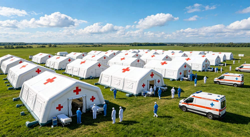 hospital medical inflatable tent field camp aerial view, rows of red cross marked tents with medical staff and ambulances deployed on open grassland