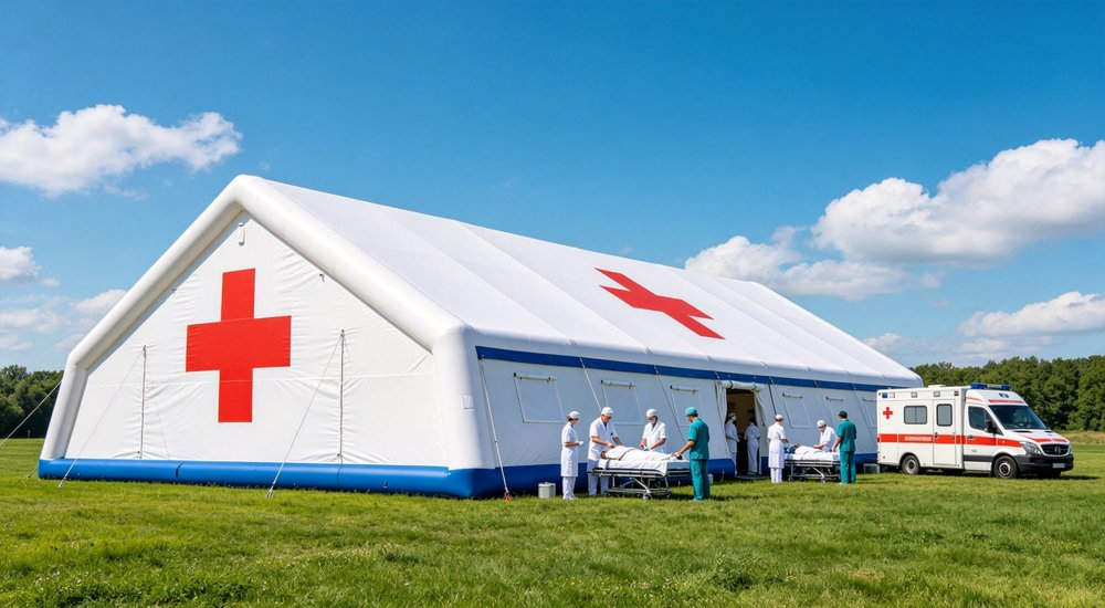 hospital medical inflatable tent marked with red cross on grassland, medical staff transporting patients on stretchers beside ambulance for emergency treatment