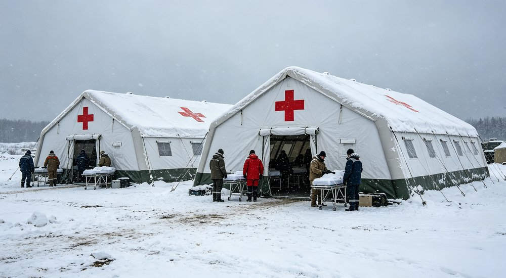 hospital medical inflatable tents with red cross signs set up on snow covered ground, personnel prepare stretchers for winter field emergency response