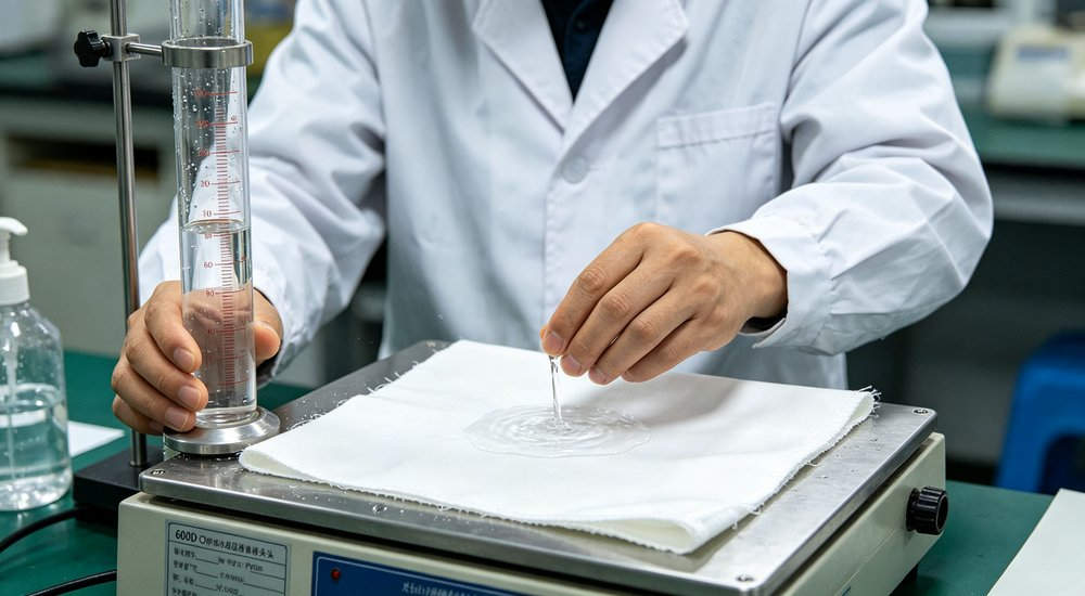lab technician testing waterproof property of medical tent fabric sample, dripping water onto textile for material performance inspection