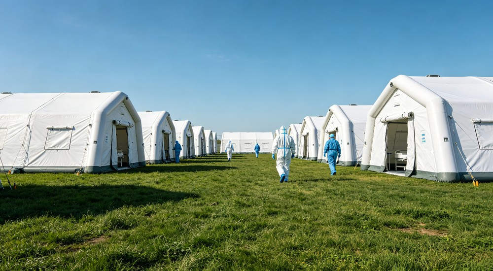 aerial view of interconnected large white frame medical tents deployed on open grassland for field medical base setupaerial view of interconnected large white frame medical tents deployed on open grassland for field medical base setup
