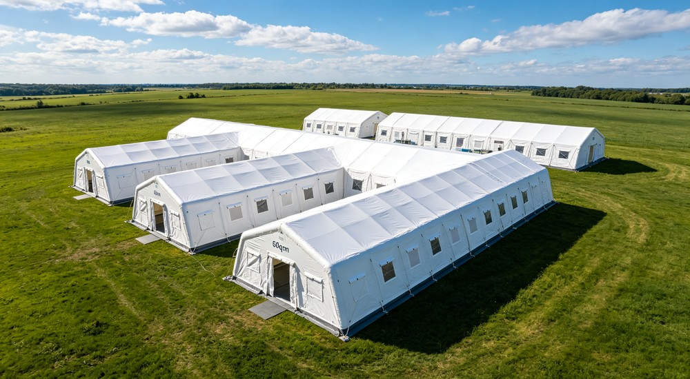 multiple connected large white frame tents built on open grass field for temporary field station setup