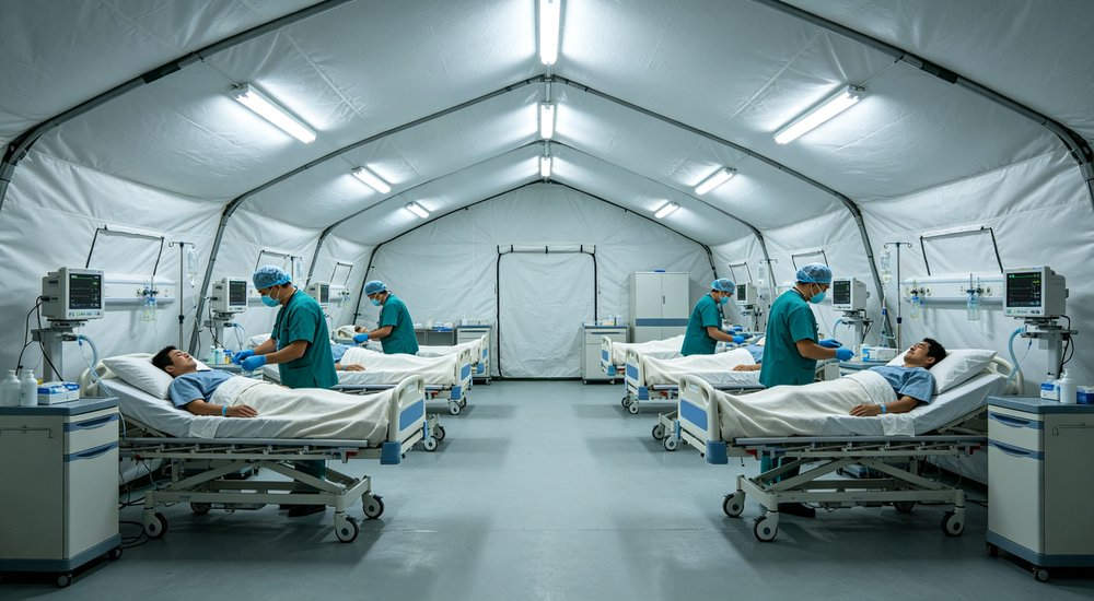 medical frame tent interior with multiple hospital beds and monitoring devices, medical staff provide patient care inside field medical shelter medical frame tent interior with multiple hospital beds and monitoring devices, medical staff provide patient care inside field medical shelter