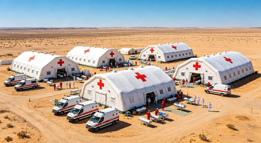 large inflatable medical tent field hospital camp marked with red cross set up in desert area with ambulances and medical staff large inflatable medical tent field hospital camp marked with red cross set up in desert area with ambulances and medical staff