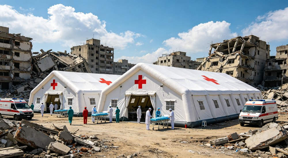 inflatable medical tents marked with red cross set up at disaster ruins site, medical staff and ambulances on site for emergency relief inflatable medical tents marked with red cross set up at disaster ruins site, medical staff and ambulances on site for emergency relief