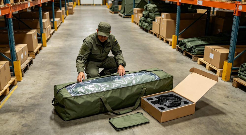 staff checking packed inflatable tent stored in heavy duty carry bag with supporting fan accessories inside warehouse