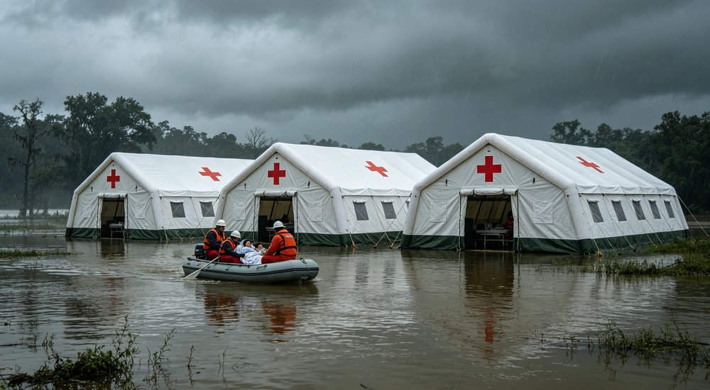 inflatable medical tents marked with red cross set on flooded site, rescue team transport survivors by inflatable boat