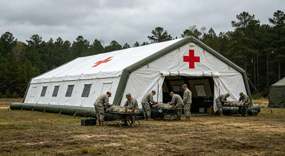 large inflatable medical tent with red cross on open field, medical personnel carry out outdoor medical operation drill large inflatable medical tent with red cross on open field, medical personnel carry out outdoor medical operation drill