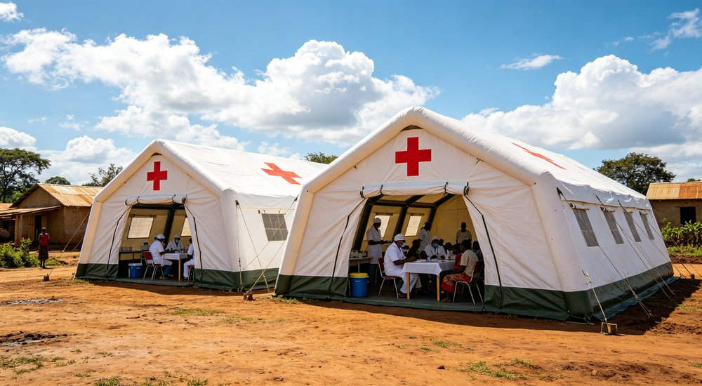 two connected inflatable medical tents printed with red cross in rural area, medical staff provide consultation service for local people