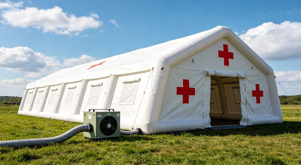 long inflatable medical tent marked with red cross set on grass field, connected with outdoor air conditioning equipment