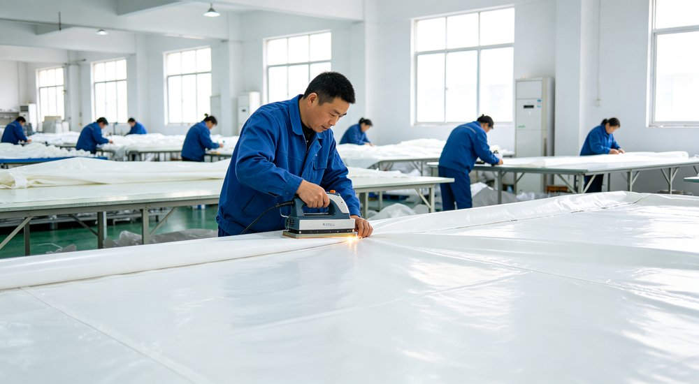 factory workers process tent fabric with heat sealing machine in workshop for inflatable medical tent manufacturing