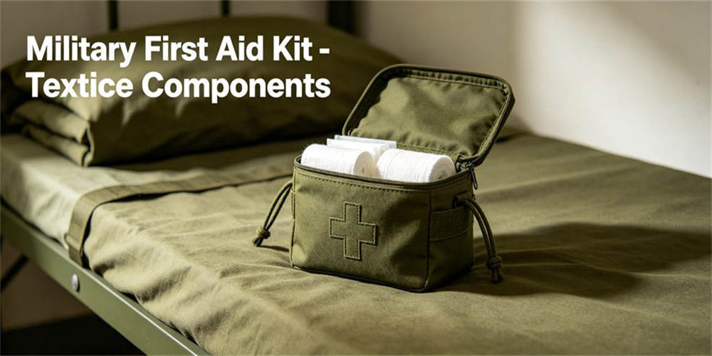 Military first aid kit with bandages, essential portable emergency medical supply set for outdoor field rescue use