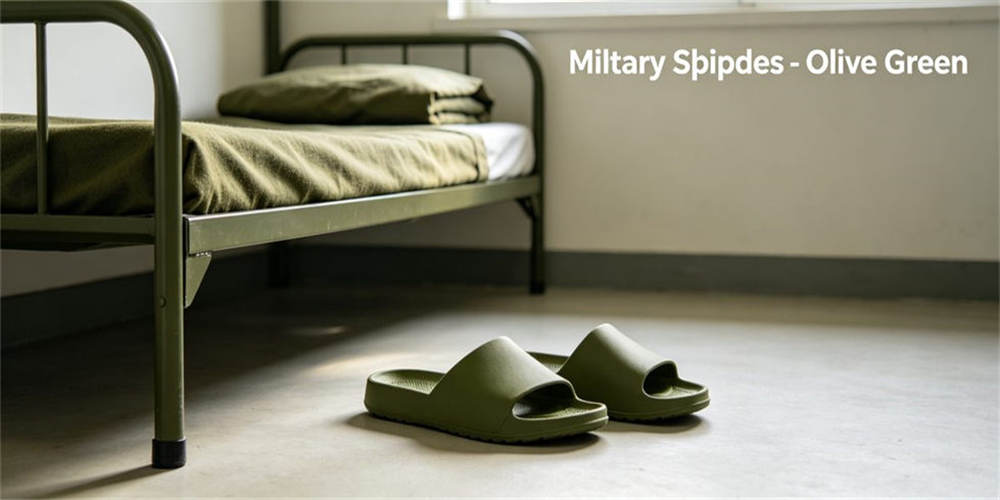 Olive green military slippers pair, comfortable durable daily wear footwear set for military barracks indoor rest