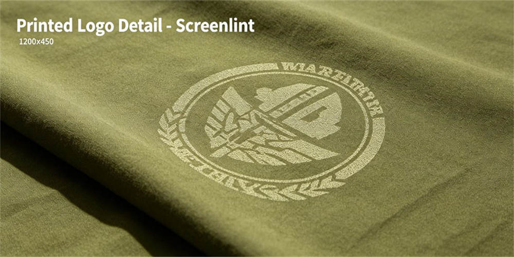 Printed logo screen print detail, textile surface branding closeup detail shot on uniform fabric material
