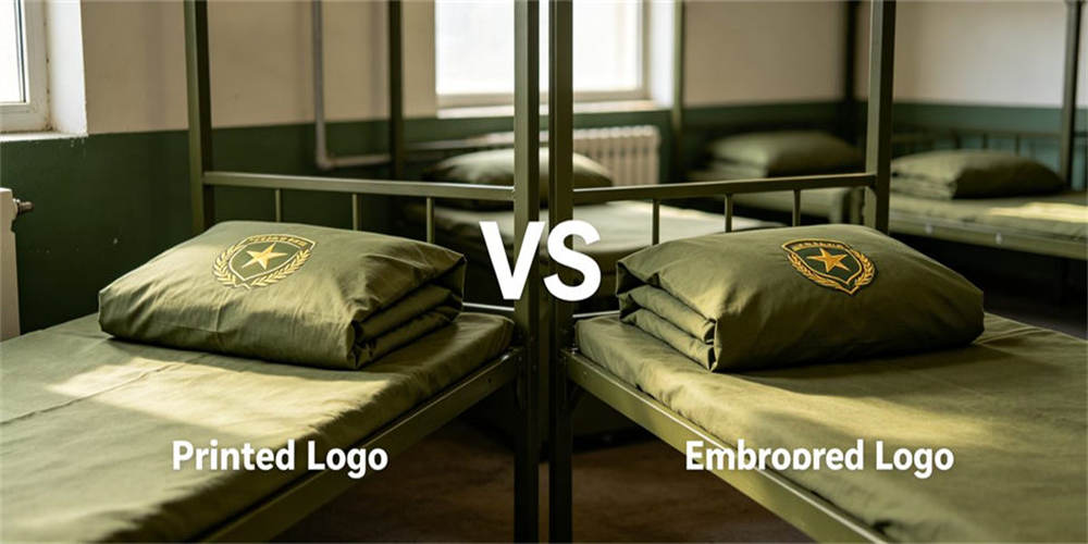Printed vs embroidered logo comparison, two different fabric branding style demo for uniform personalized customization