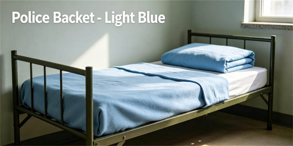 Light blue police blanket folded, neatly stacked durable textile bedding product for official police dormitory rooms Light blue police blanket folded, neatly stacked durable textile bedding product for official police dormitory rooms