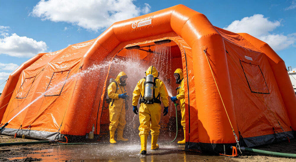 Decontamination shower inflatable tent scenario rapid setup inflatable decontamination tent for hazardous site use