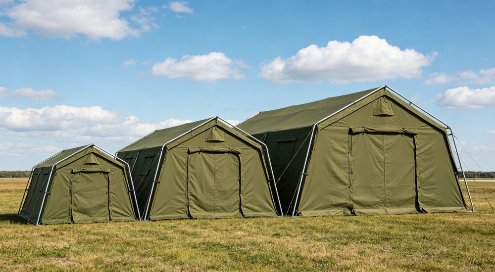 Front entrance view of a heavy duty emergency relief tent displaying the reinforced door frame sturdy zipper entrance and professional military grade construction quality